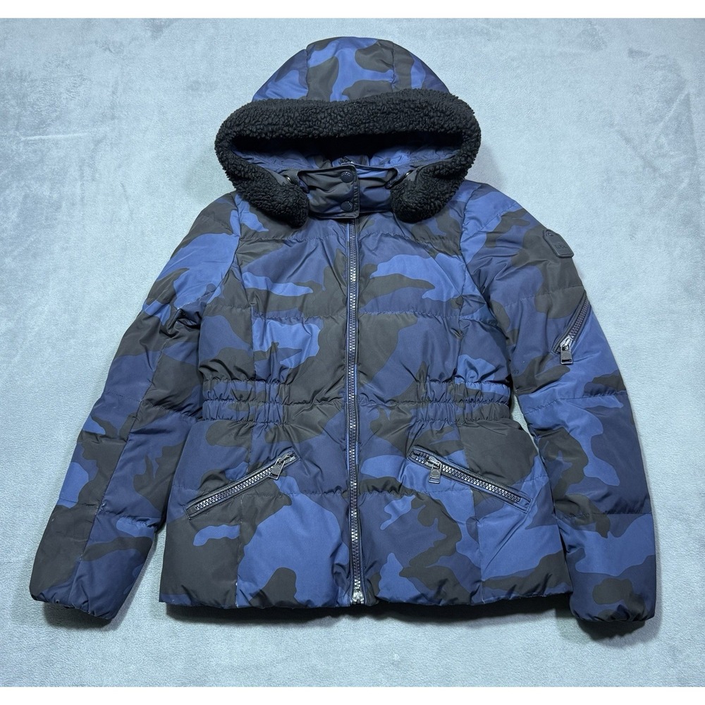 Coach Puffer Jacket Womens S Blue Camo Goose Down Sherpa Hood